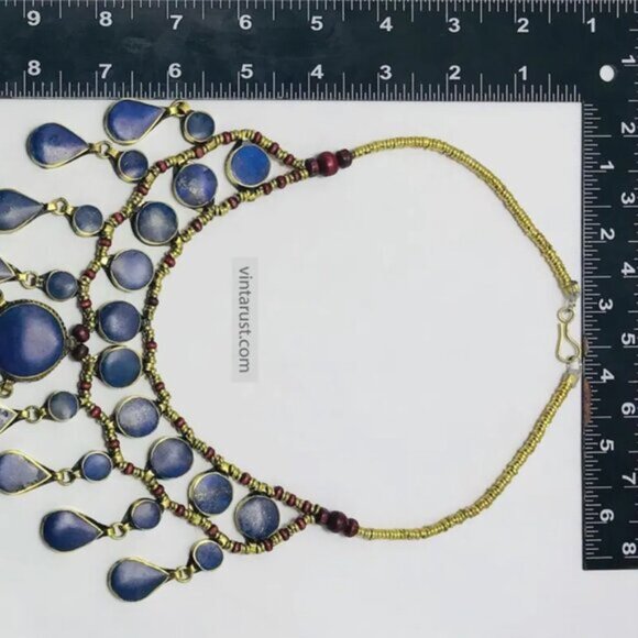 Lapis Lazuli Afghan Bib Necklace: Ethnic Teardrop Jewelry - Picture 7 of 9